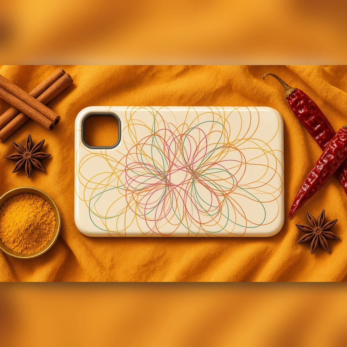 Spice market hypotrochoid looping curve pattern printed flat on a phone case on saffron cloth, made with prompt #126