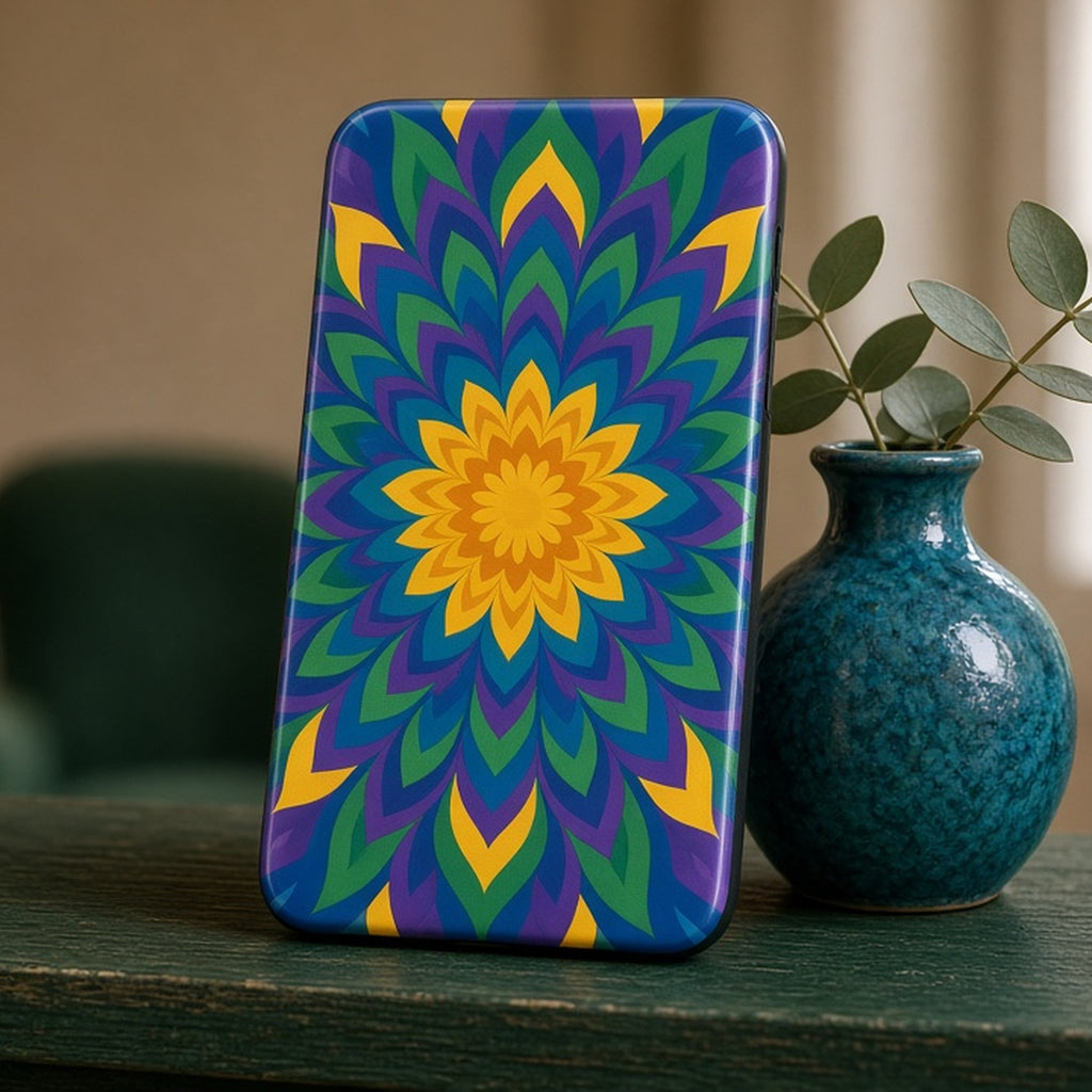Peacock sun mandala flame petal pattern printed flat on a phone case on a green shelf, made with prompt #216