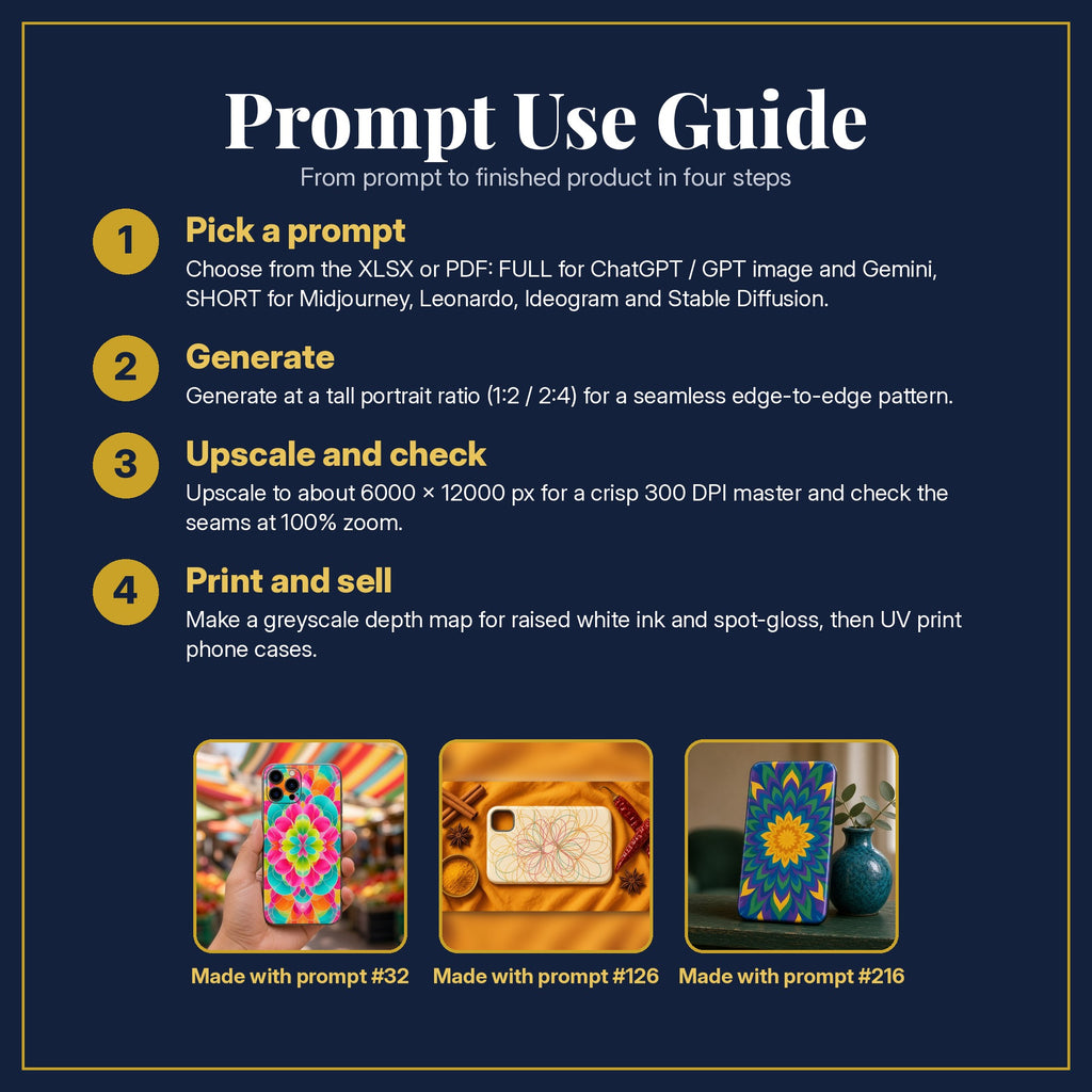 Prompt Use Guide for the Kaleidoscope & Mandala Colour Phone Case Collection: pick a prompt, generate, upscale and check, print and sell, with sample products made with the pack's prompts