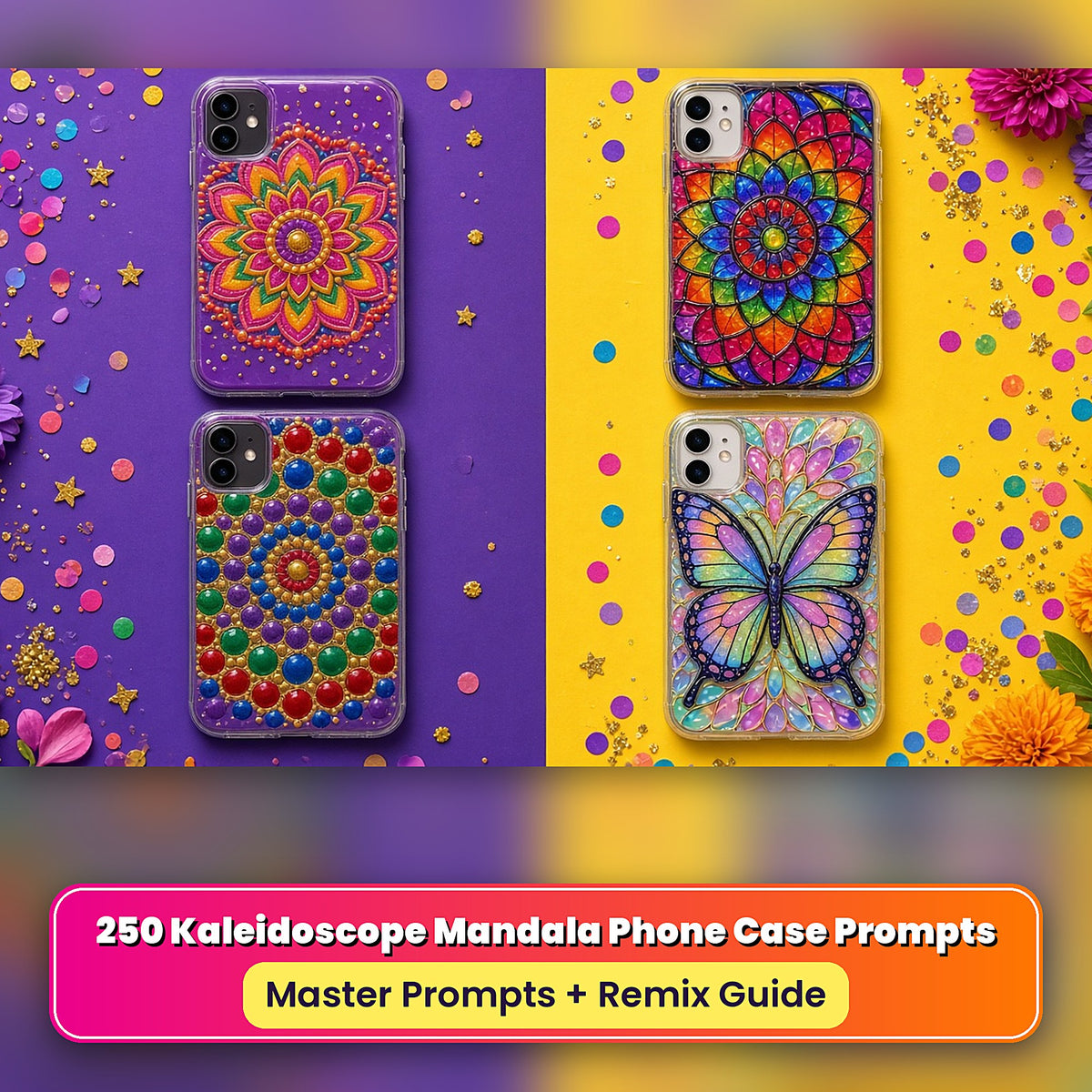Example phone cases made with the prompts: Rangoli Floral Rings – Chakra; Stained-Glass Kaleidoscope Rings – Chakra; Dot-Painted Mandala – Jewel Tones; Kaleidoscope Butterfly Mirror – Pastel Mandala