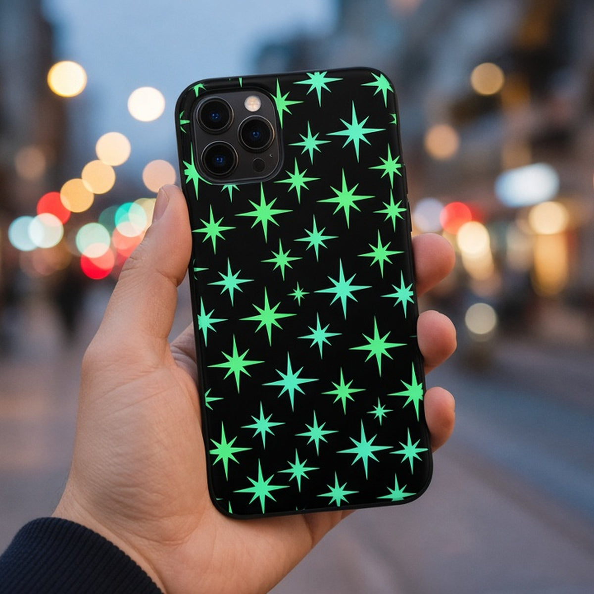 Neon green starburst pattern printed flat on a phone case held on a city street at dusk, made with prompt #31
