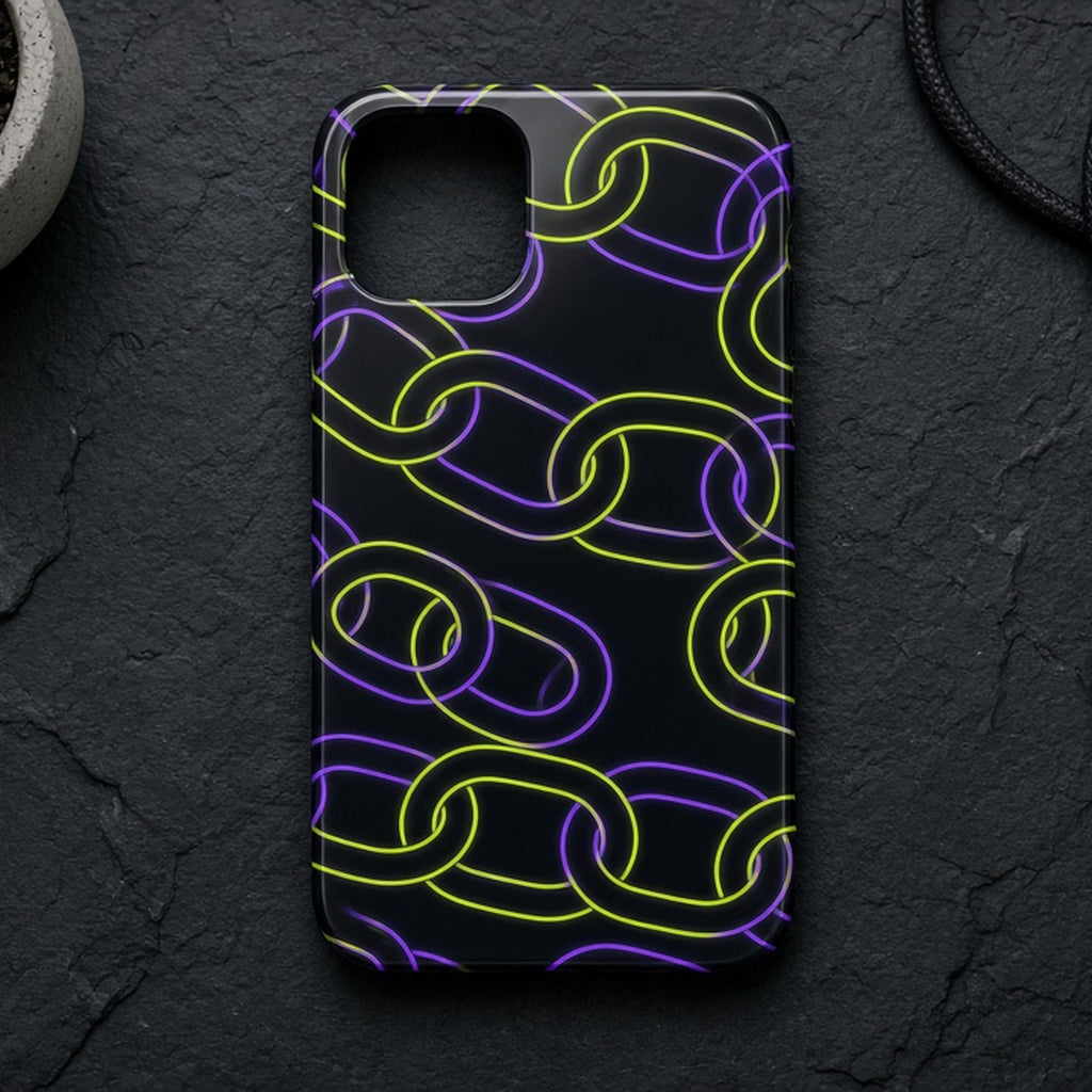 Neon lime and purple chain-link pattern printed flat on a phone case on dark slate, made with prompt #126