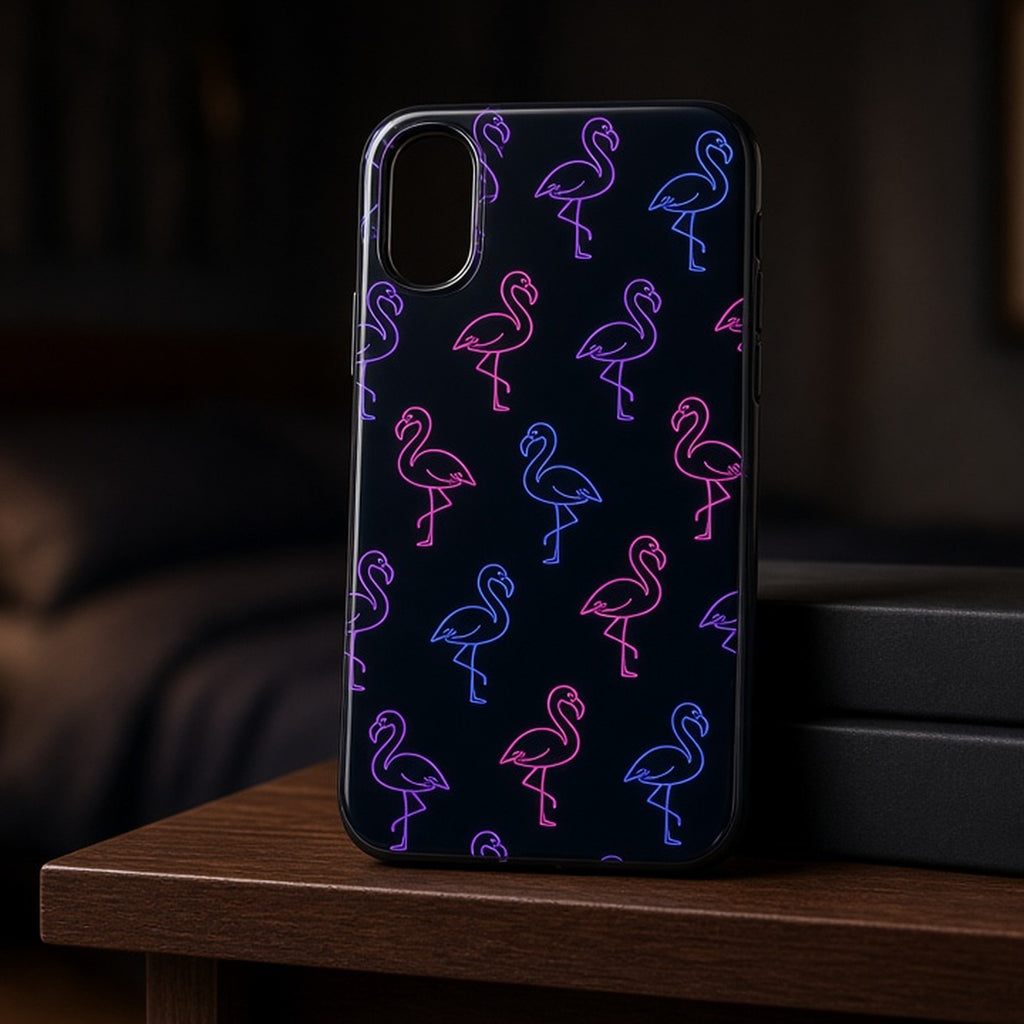 Ultraviolet neon flamingo outline pattern printed flat on a phone case on a walnut shelf, made with prompt #216