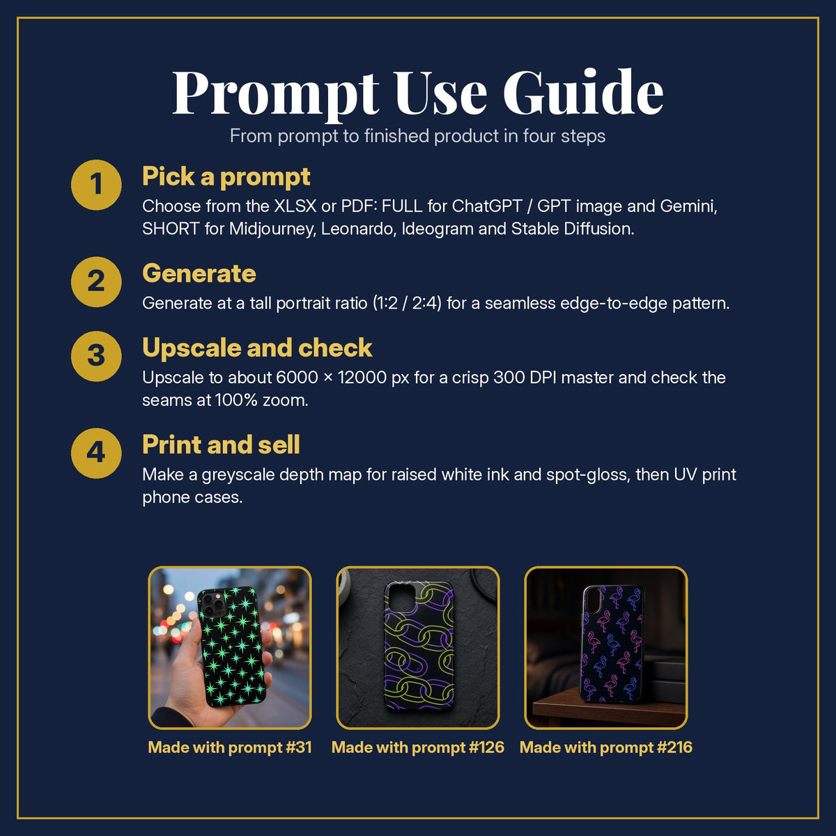 Prompt Use Guide for the Neon Glow & Electric Phone Case Collection: pick a prompt, generate, upscale and check, print and sell, with sample products made with the pack's prompts