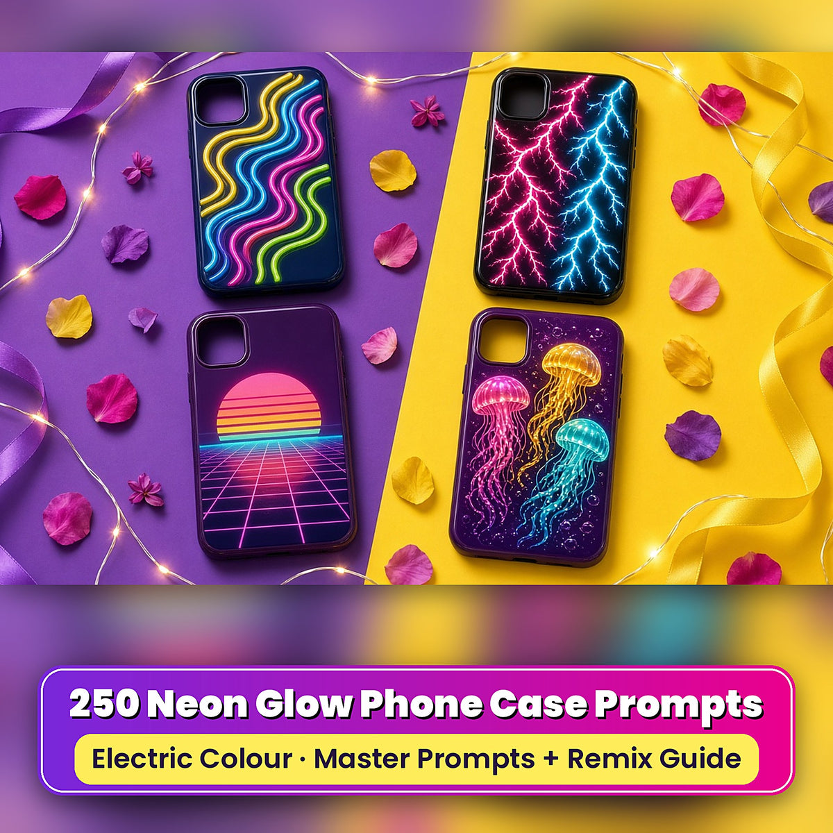 Example phone cases made with the prompts: Neon Tube Squiggles – Arcade; Branching Electric Lightning Bolts – Hot Pink & Cyan; Retro Synthwave Grid Horizon – Sunset Strip; Glowing Bioluminescent Jellyfish – Sunset Strip