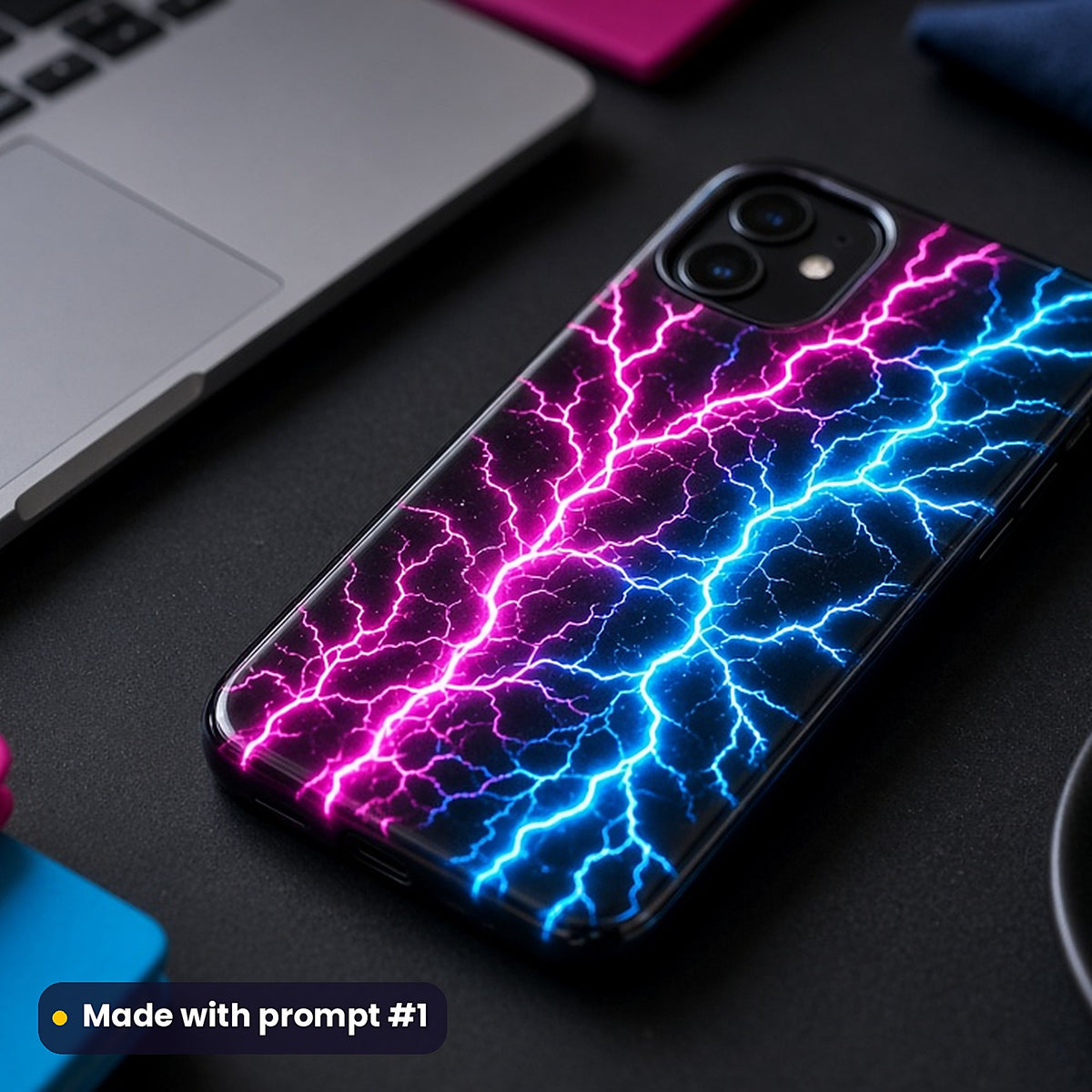 Branching Electric Lightning Bolts – Hot Pink & Cyan phone case made with prompt #1