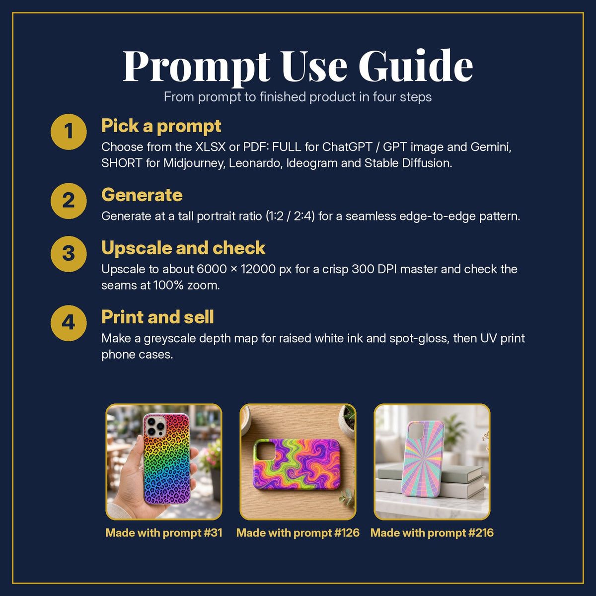 Prompt Use Guide for the Psychedelic Swirls & Trippy Patterns Phone Case Collection: pick a prompt, generate, upscale and check, print and sell, with sample products made with the pack's prompts