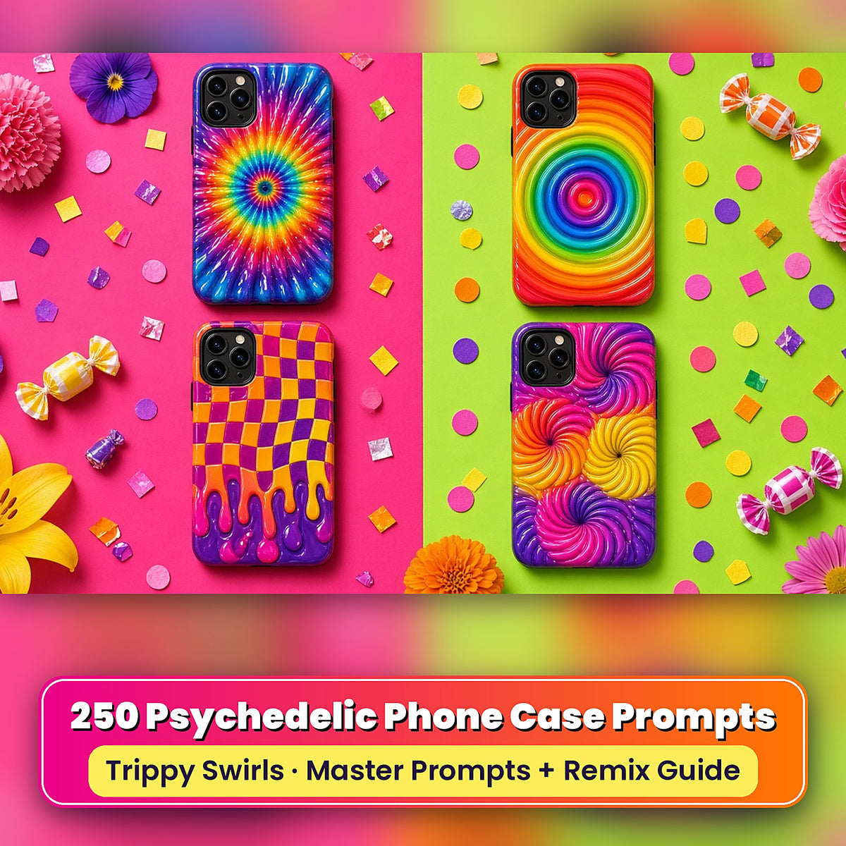 Example phone cases made with the prompts: Tie-Dye Spiral Burst – Full Spectrum; Liquid Op-Art Ripple Stripes – Full Spectrum; Melting Checkerboard Warp – Sunset Riot; Rainbow Vortex Flowers – Sunset Riot