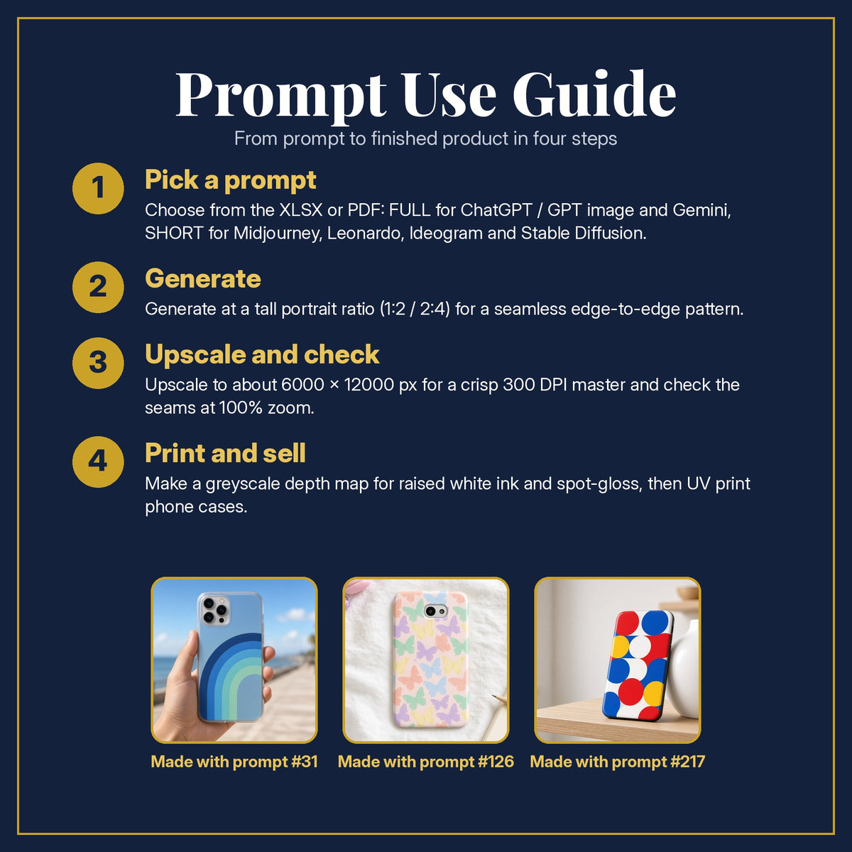Prompt Use Guide for the Multicolour 3D Depth Relief Phone Case Collection: pick a prompt, generate, upscale and check, print and sell, with sample products made with the pack's prompts
