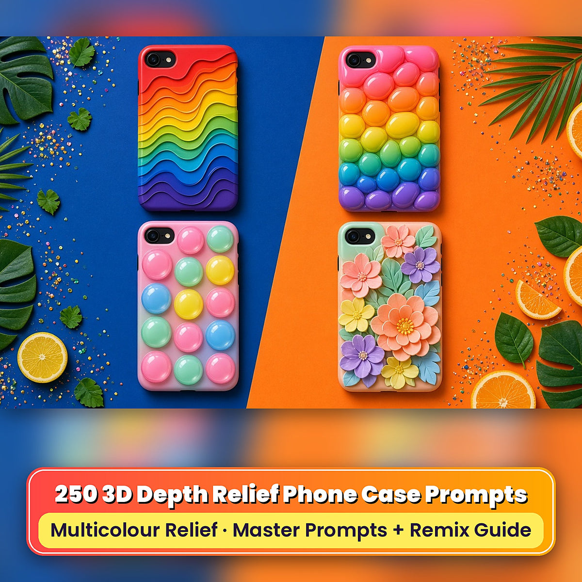Example phone cases made with the prompts: Stacked Rainbow Papercut Layers – Rainbow Classic; Inflated Balloon Pillow Tiles – Rainbow Classic; Raised Glossy Jelly-Drop Domes – Candy Shop; Layered Papercut Flowers – Pastel Stack