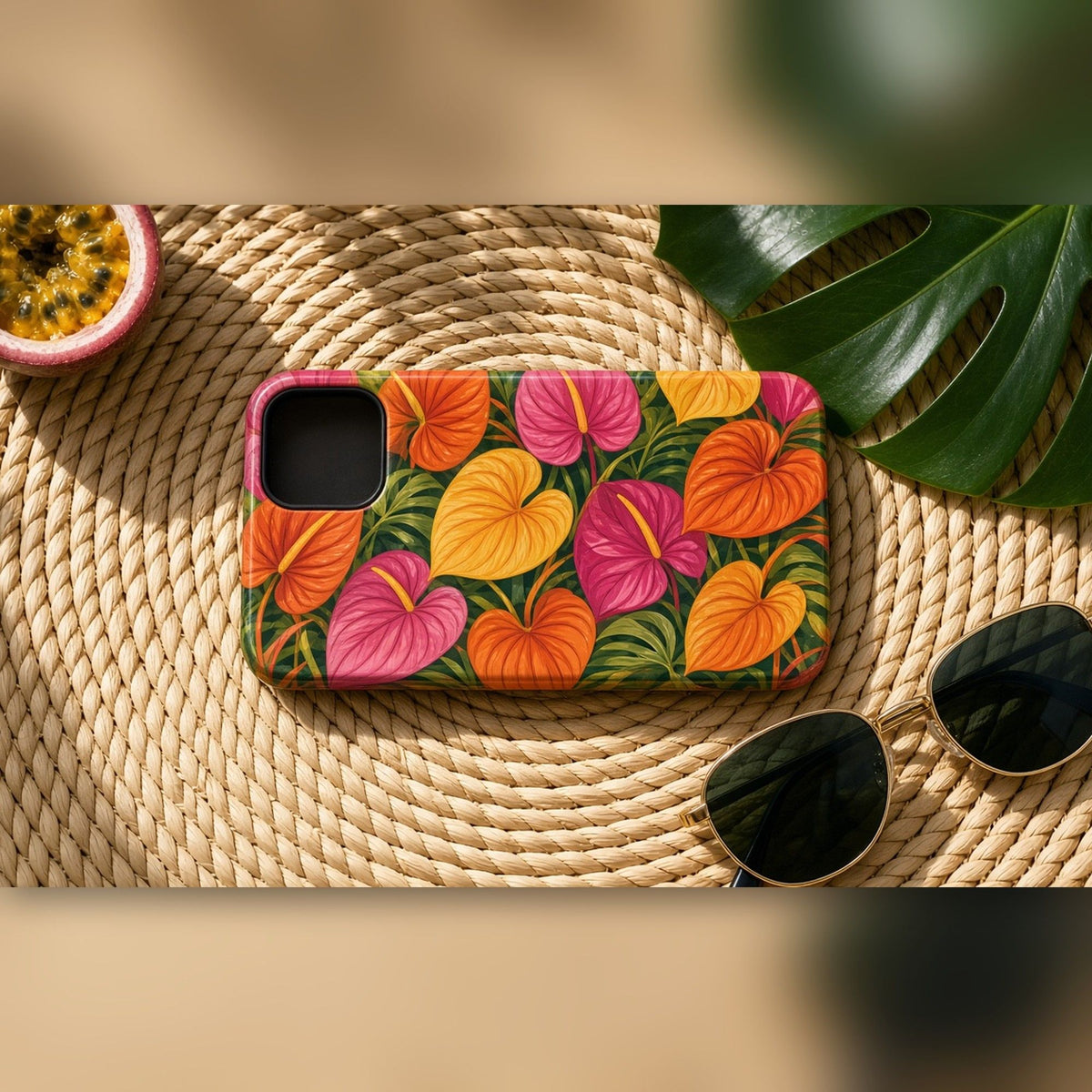 Sunset anthurium heart bloom pattern printed flat on a phone case on a rattan mat, made with prompt #126