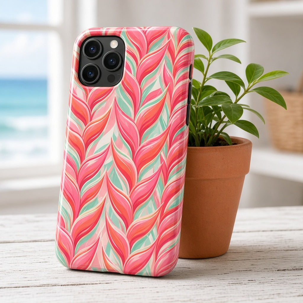Flamingo pink heliconia flower pattern printed flat on a phone case on a beach-house shelf, made with prompt #216