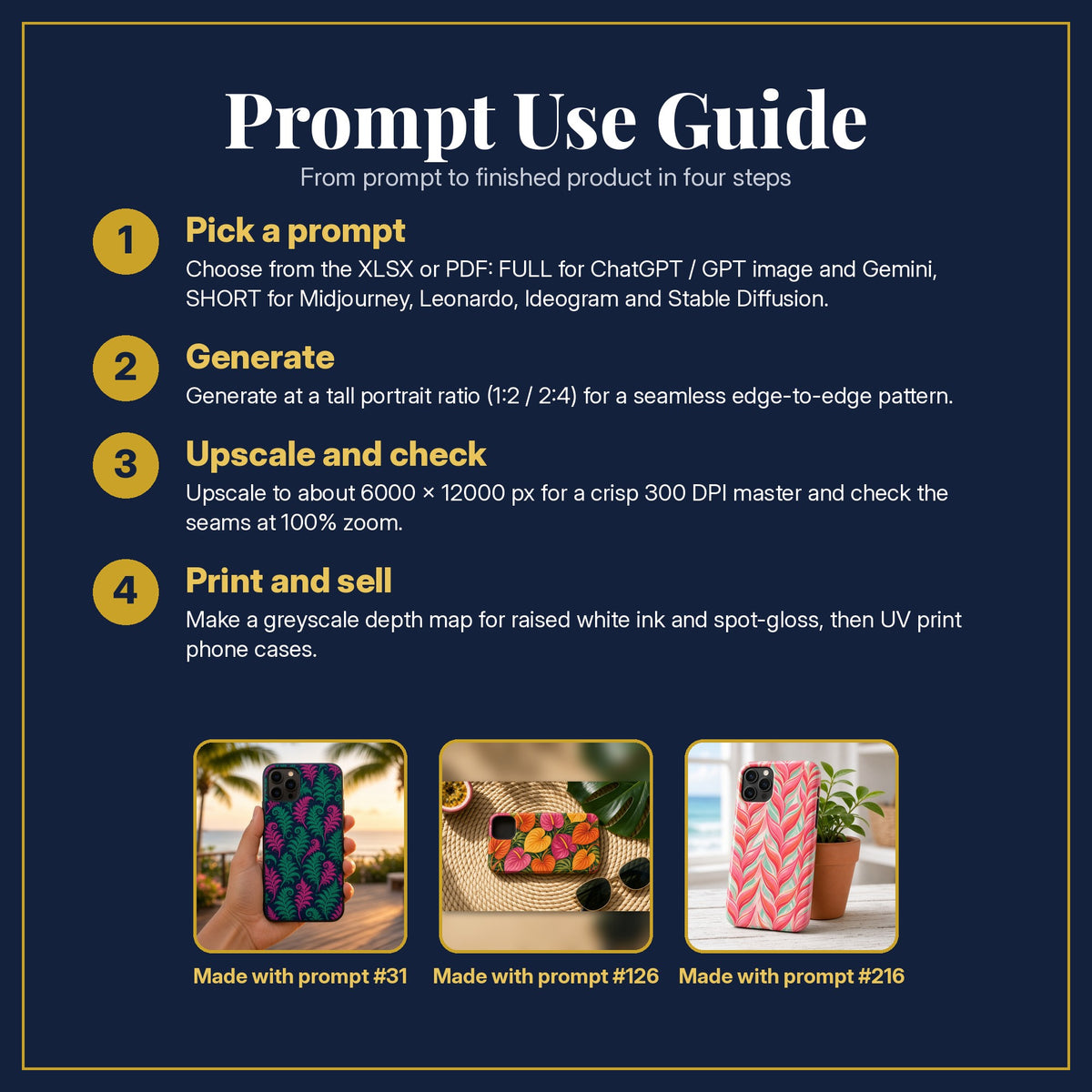 Prompt Use Guide for the Tropical & Botanical Colour Burst Phone Case Collection: pick a prompt, generate, upscale and check, print and sell, with sample products made with the pack's prompts
