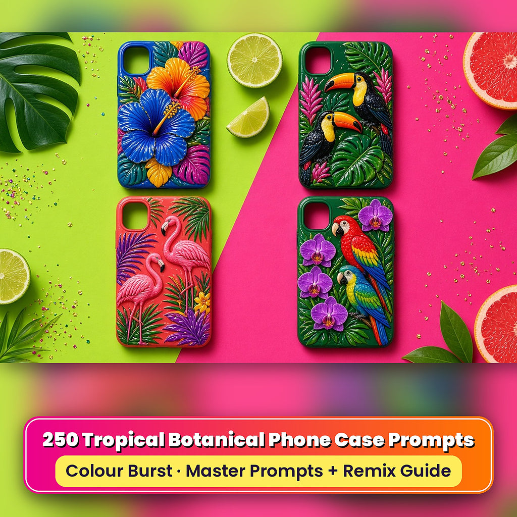 Example phone cases made with the prompts: Hibiscus Flower Burst – Bold Botanical; Toucans Among Leaves – Jungle Pink; Flamingos and Palm Fronds – Carnival; Parrots and Orchids – Carnival