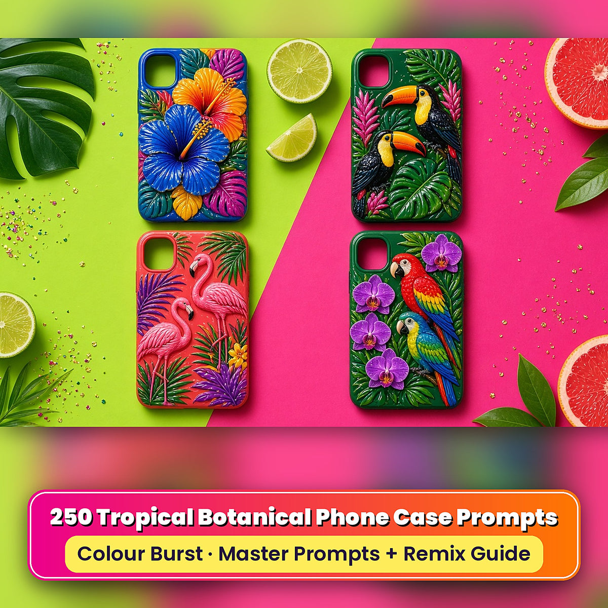 Example phone cases made with the prompts: Hibiscus Flower Burst – Bold Botanical; Toucans Among Leaves – Jungle Pink; Flamingos and Palm Fronds – Carnival; Parrots and Orchids – Carnival
