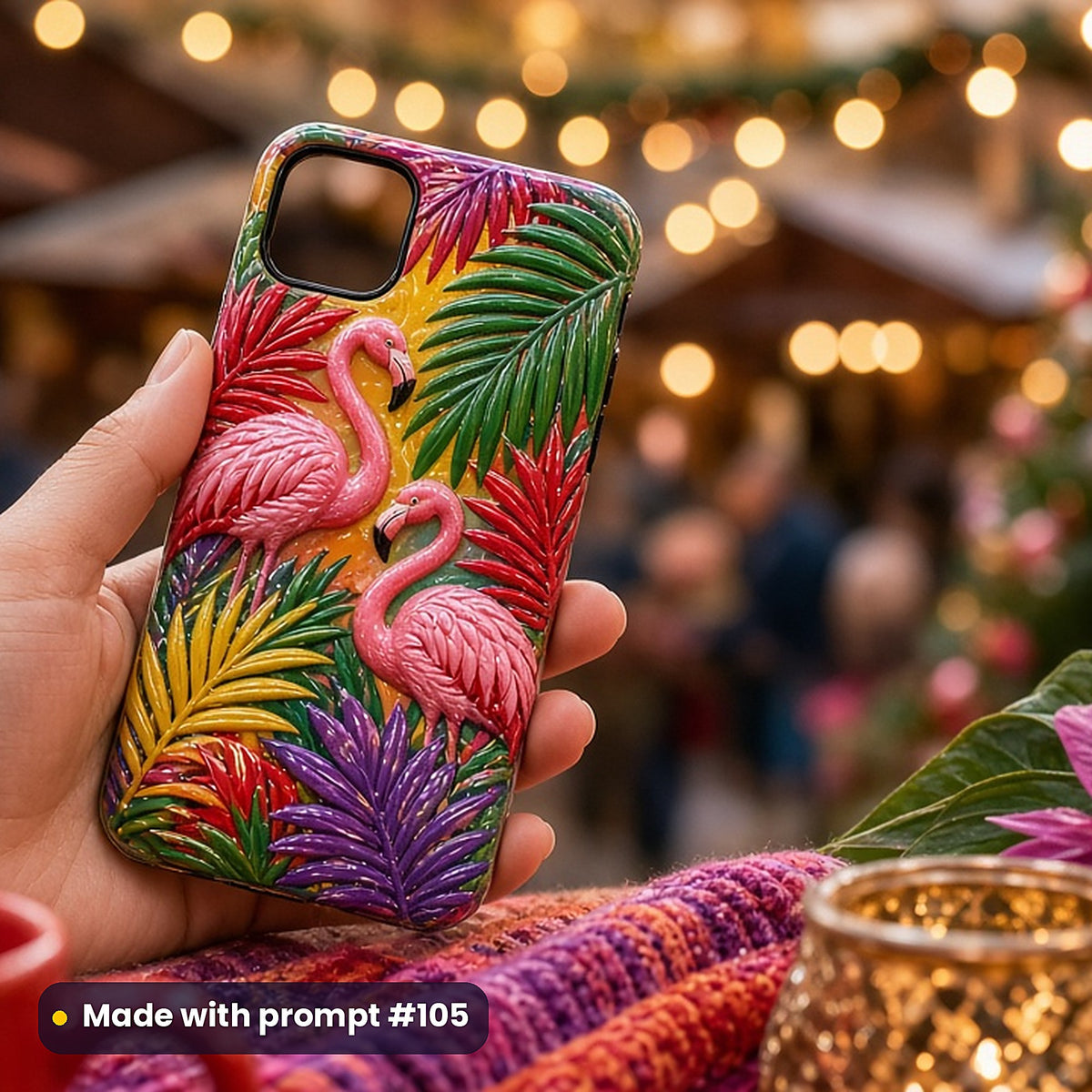 Flamingos and Palm Fronds – Carnival phone case made with prompt #105