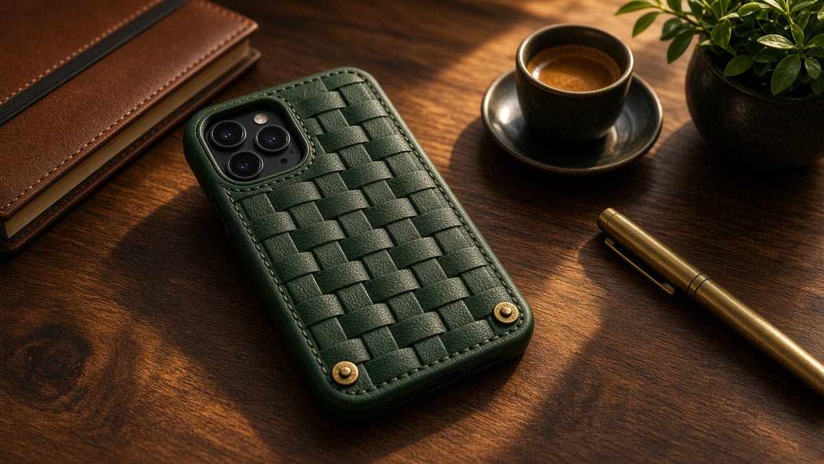 Luxury Materials Phone Case Collection: realistic mockup, leather-look relief phone case, example artwork from the phone case collection