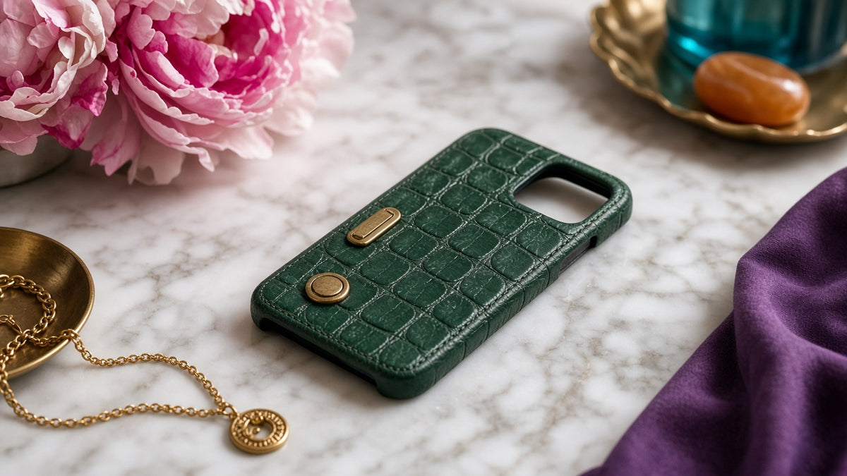 Luxury Materials Phone Case Collection: realistic mockup, embossed scales relief phone case, example artwork from the phone case collection
