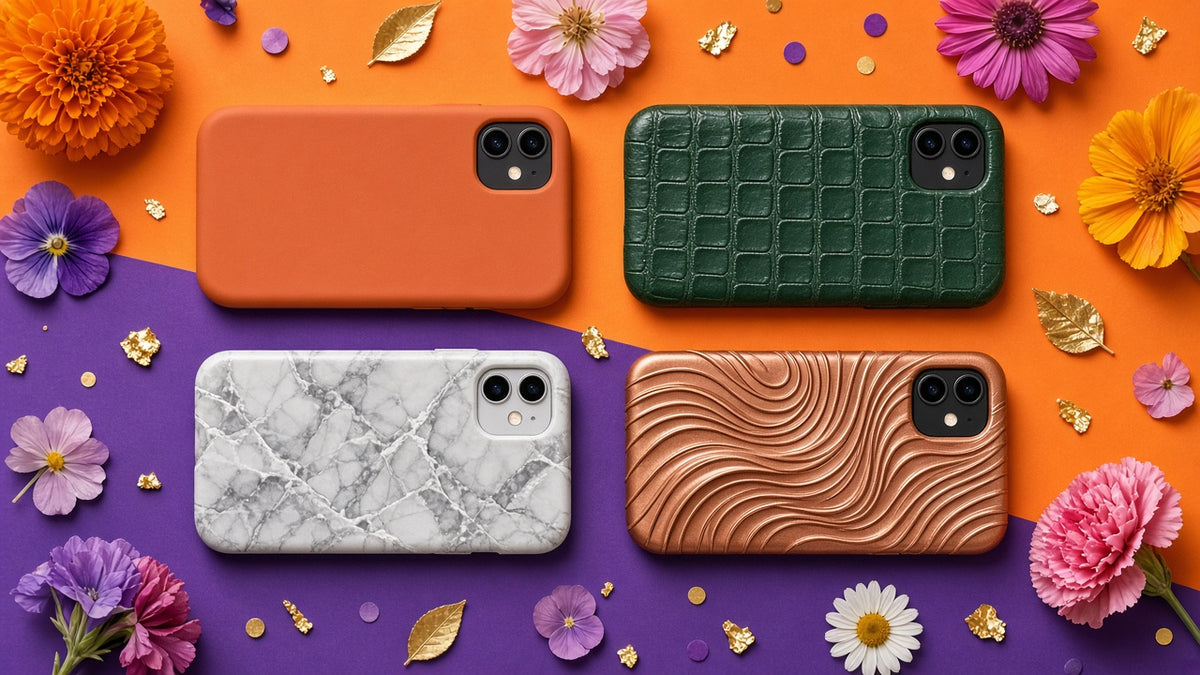 Luxury Materials Phone Case Collection: realistic mockup, set of relief phone cases, example artwork from the phone case collection