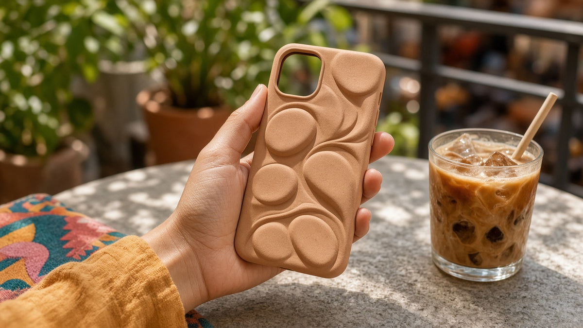 Natural Textures Phone Case Collection: realistic mockup, pebble-form relief phone case in hand, example artwork from the phone case collection