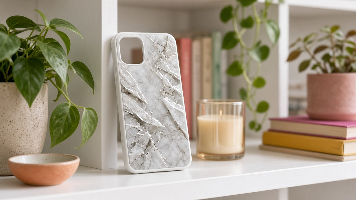 Natural Textures Phone Case Collection: realistic mockup, ice-crystal relief phone case, example artwork from the phone case collection