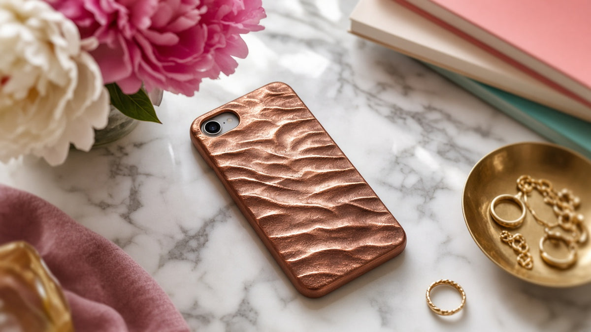 Organic Abstract Phone Case Collection: realistic mockup, ripple relief phone case, example artwork from the phone case collection