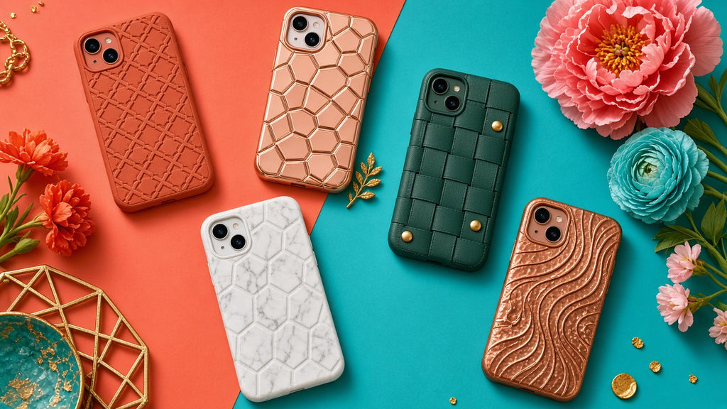 Organic Abstract Phone Case Collection: realistic mockup, set of relief phone cases, example artwork from the phone case collection