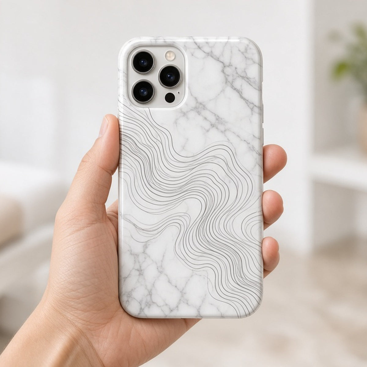 White marble flowing contour ribbon pattern printed flat on a phone case held in a spa lounge, made with prompt #46