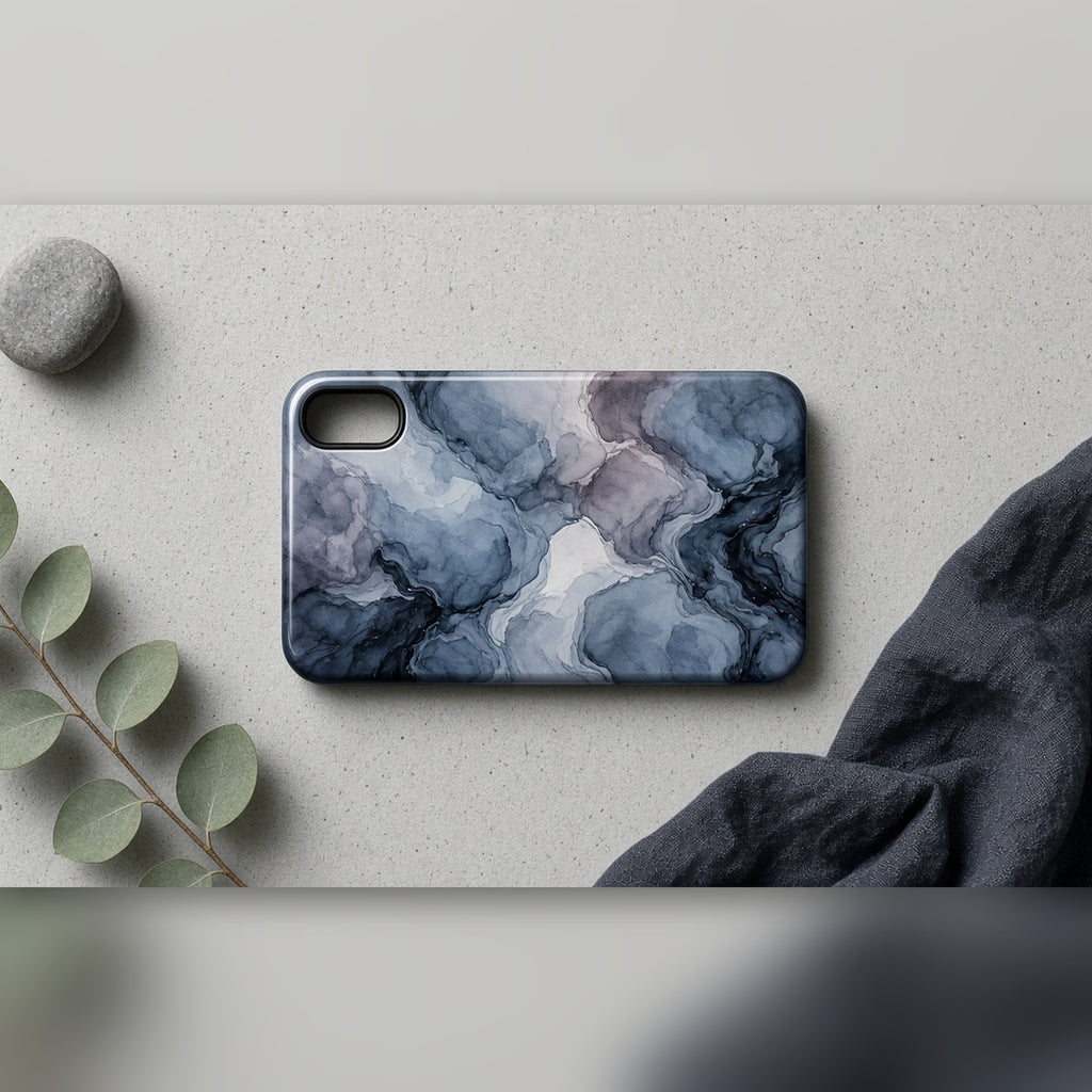 Slate molten colour pool pattern printed flat on a phone case on grey concrete, made with prompt #55