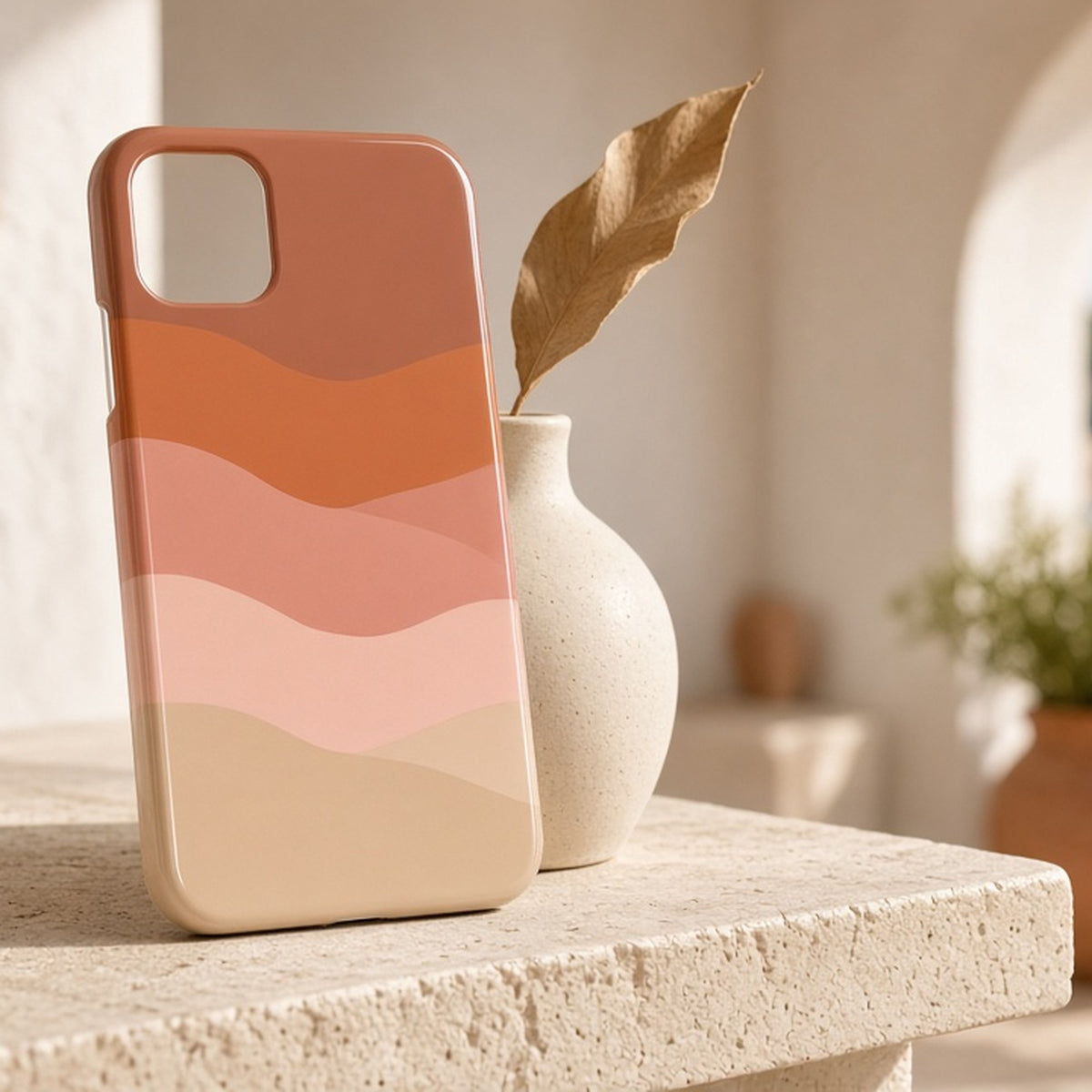 Terracotta layered fluid band pattern printed flat on a phone case on a limestone shelf, made with prompt #94