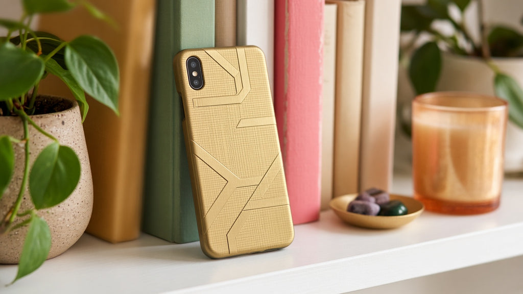 Geometric Relief Phone Case Collection: realistic mockup, micro-grid relief phone case, example artwork from the phone case collection