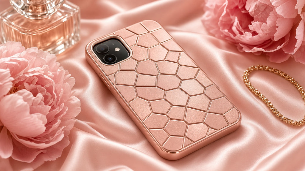 Geometric Relief Phone Case Collection: realistic mockup, geometric relief phone case, example artwork from the phone case collection