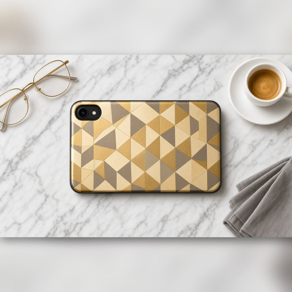 Brass-tone kaleidoscopic polygon tile pattern printed flat on a phone case on white marble, made with prompt #148