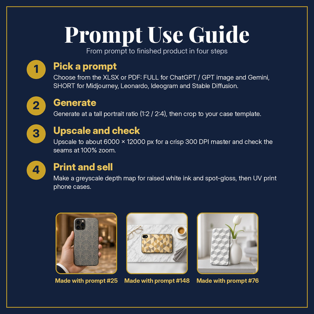 Prompt Use Guide for the Geometric Relief Phone Case Collection: pick a prompt, generate, upscale and check, print and sell, with sample products made with the pack's prompts