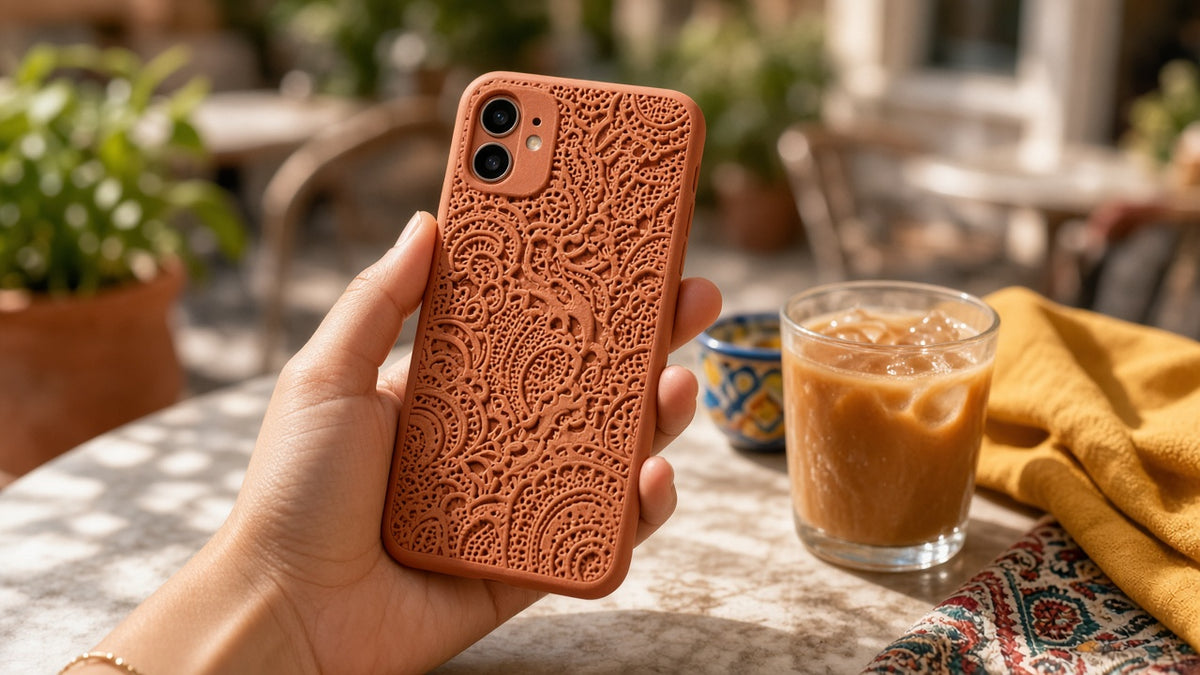 Decorative Relief Phone Case Collection: realistic mockup, lace relief phone case in hand, example artwork from the phone case collection