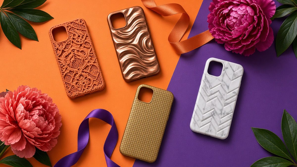Decorative Relief Phone Case Collection: realistic mockup, set of relief phone cases, example artwork from the phone case collection