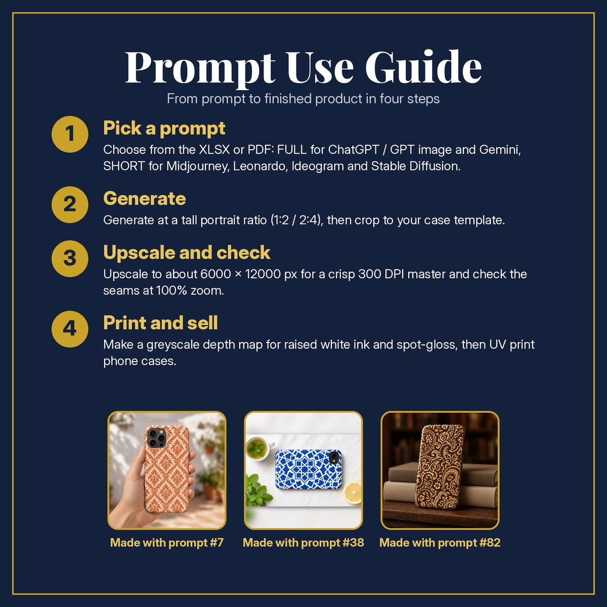 Prompt Use Guide for the Decorative Relief Phone Case Collection: pick a prompt, generate, upscale and check, print and sell, with sample products made with the pack's prompts