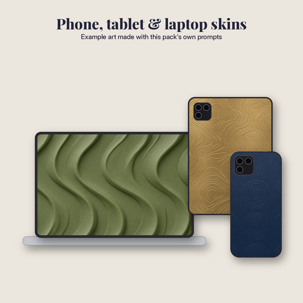 Flat mockup of a laptop skin, tablet case and phone case with example art made with the Modern Minimal Phone Case Collection prompts #6, #49, #85