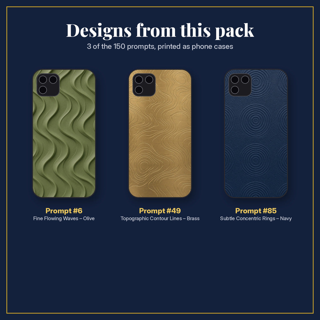 3 phone case designs from the Modern Minimal Phone Case Collection: prompt #6 Fine Flowing Waves – Olive; prompt #49 Topographic Contour Lines – Brass; prompt #85 Subtle Concentric Rings – Navy