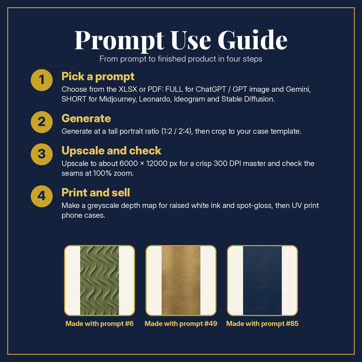 Prompt Use Guide for the Modern Minimal Phone Case Collection: pick a prompt, generate, upscale and check, print and sell, with sample products made with the pack's prompts
