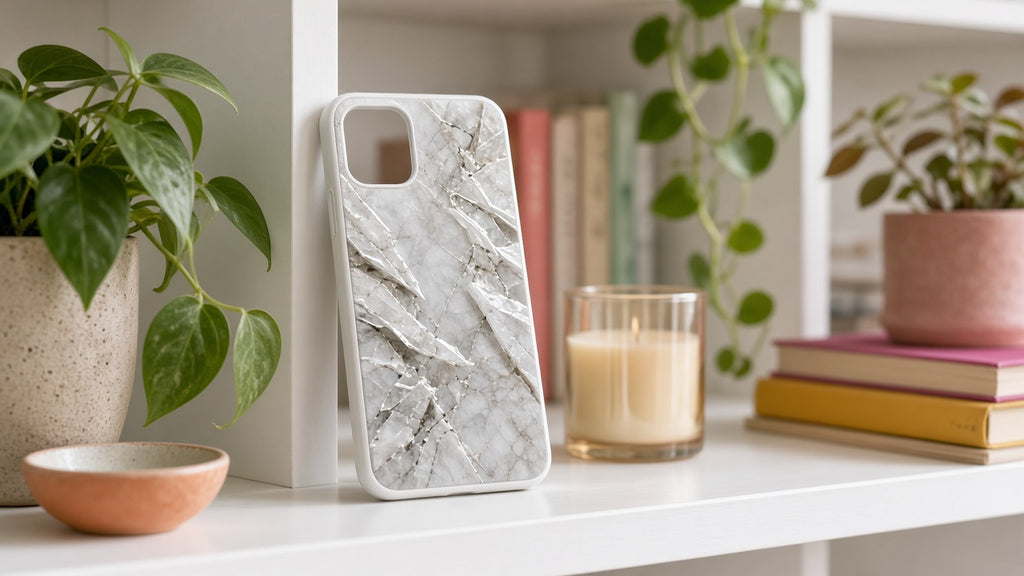 Modern Minimal phone case prompts: example white marble-effect UV relief phone case on a shelf