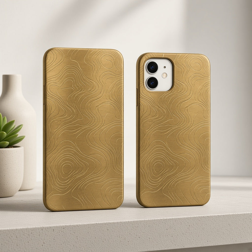 Two brass topographic contour line relief phone cases on a concrete shelf, made with prompt #49