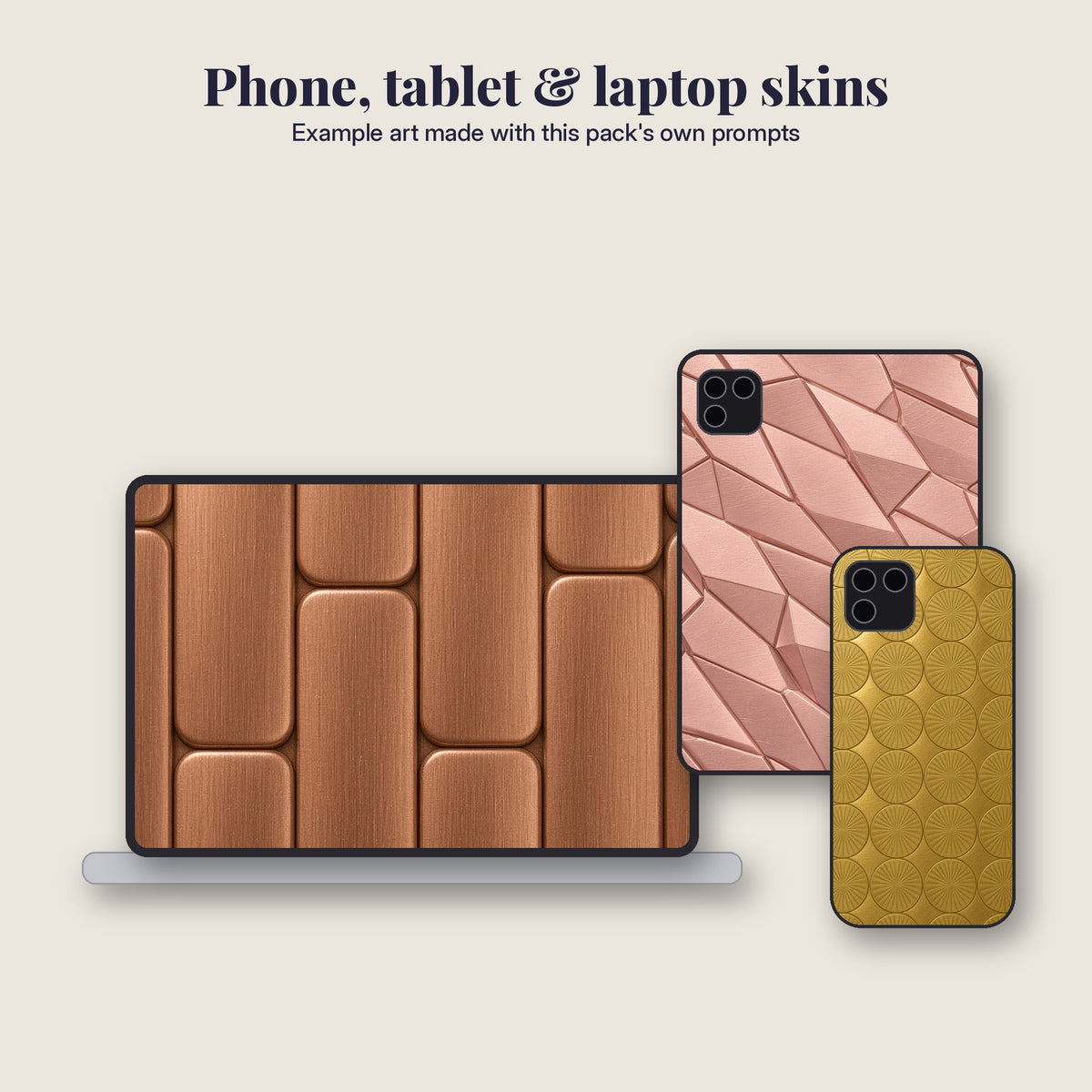 Flat mockup of a laptop skin, tablet case and phone case with example art made with the Premium Metallic Phone Case Collection prompts #4, #85, #121