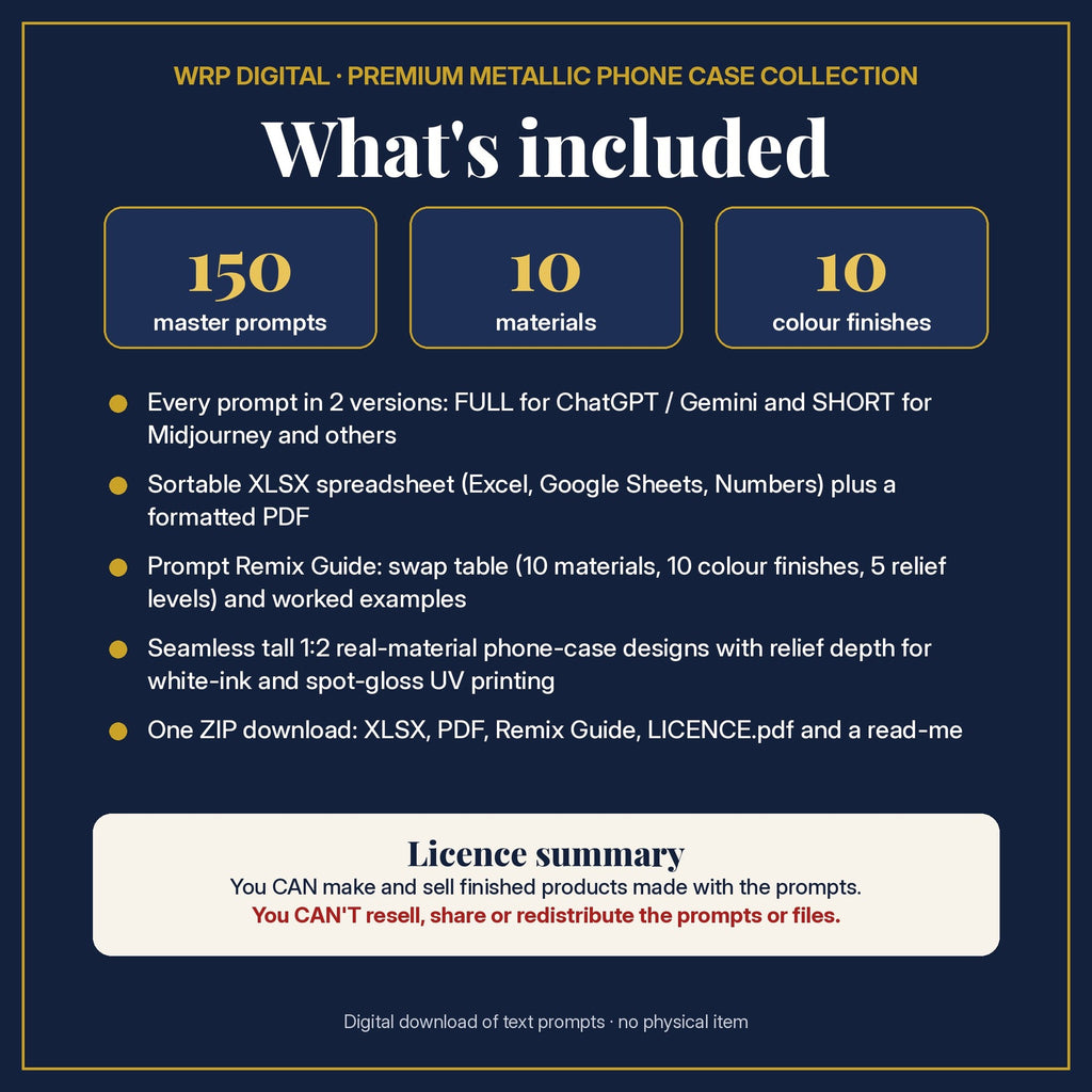 What's included in the Premium Metallic Phone Case Collection: 150 master prompts, 10 materials, 10 colour finishes, XLSX and PDF, Prompt Remix Guide and licence summary
