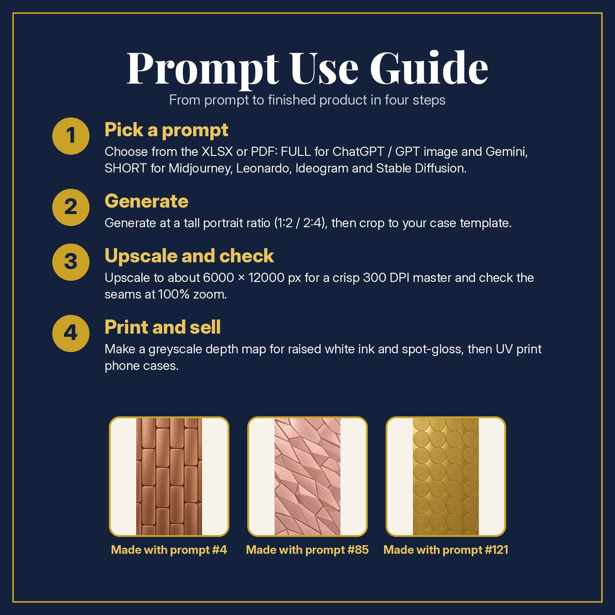 Prompt Use Guide for the Premium Metallic Phone Case Collection: pick a prompt, generate, upscale and check, print and sell, with sample products made with the pack's prompts