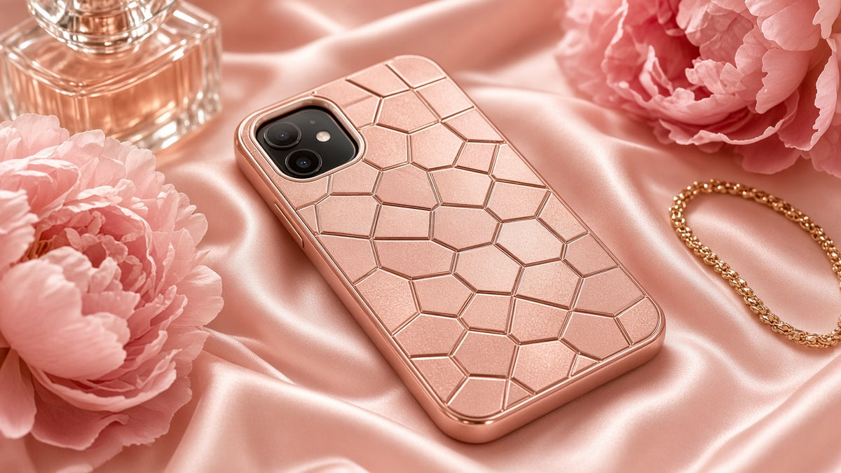 Premium Metallic phone case prompts: example rose gold UV relief phone case with peonies