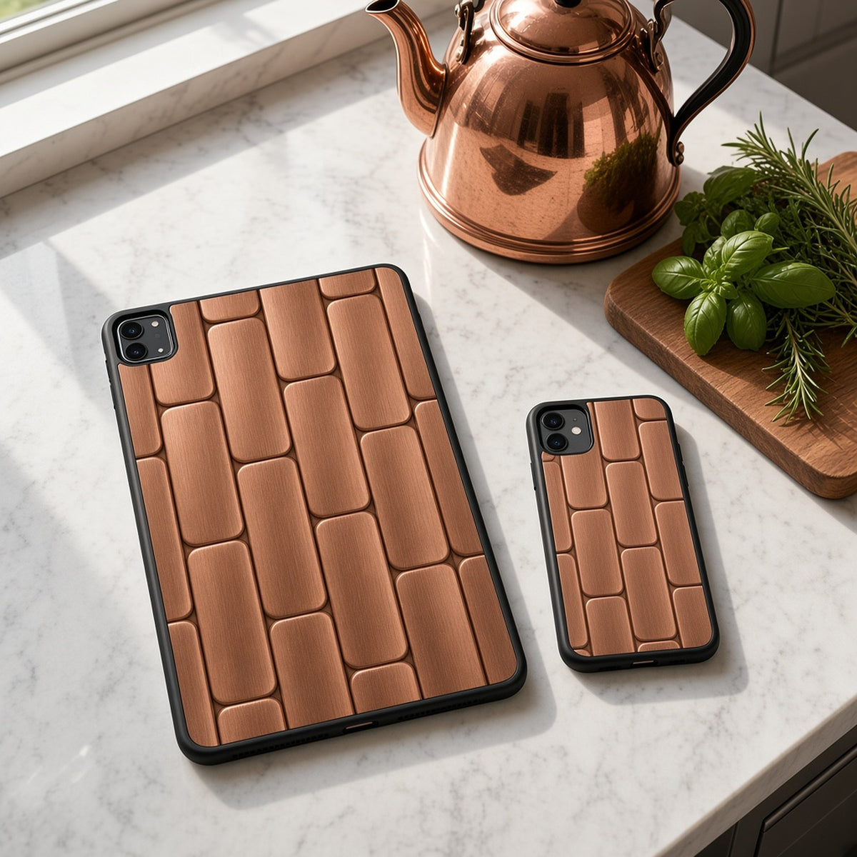 Tablet and phone cases in copper brushed gold plates on a marble counter by a copper kettle, made with prompt #4