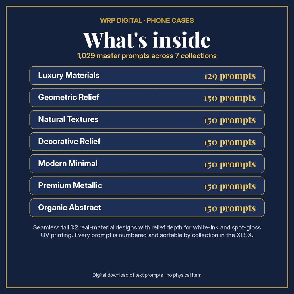 What's inside the Complete Texture Library: Luxury Materials 129 prompts, Geometric Relief 150 prompts, Natural Textures 150 prompts, Decorative Relief 150 prompts, Modern Minimal 150 prompts, Premium Metallic 150 prompts, Organic Abstract 150 prompts (1,029 in total)