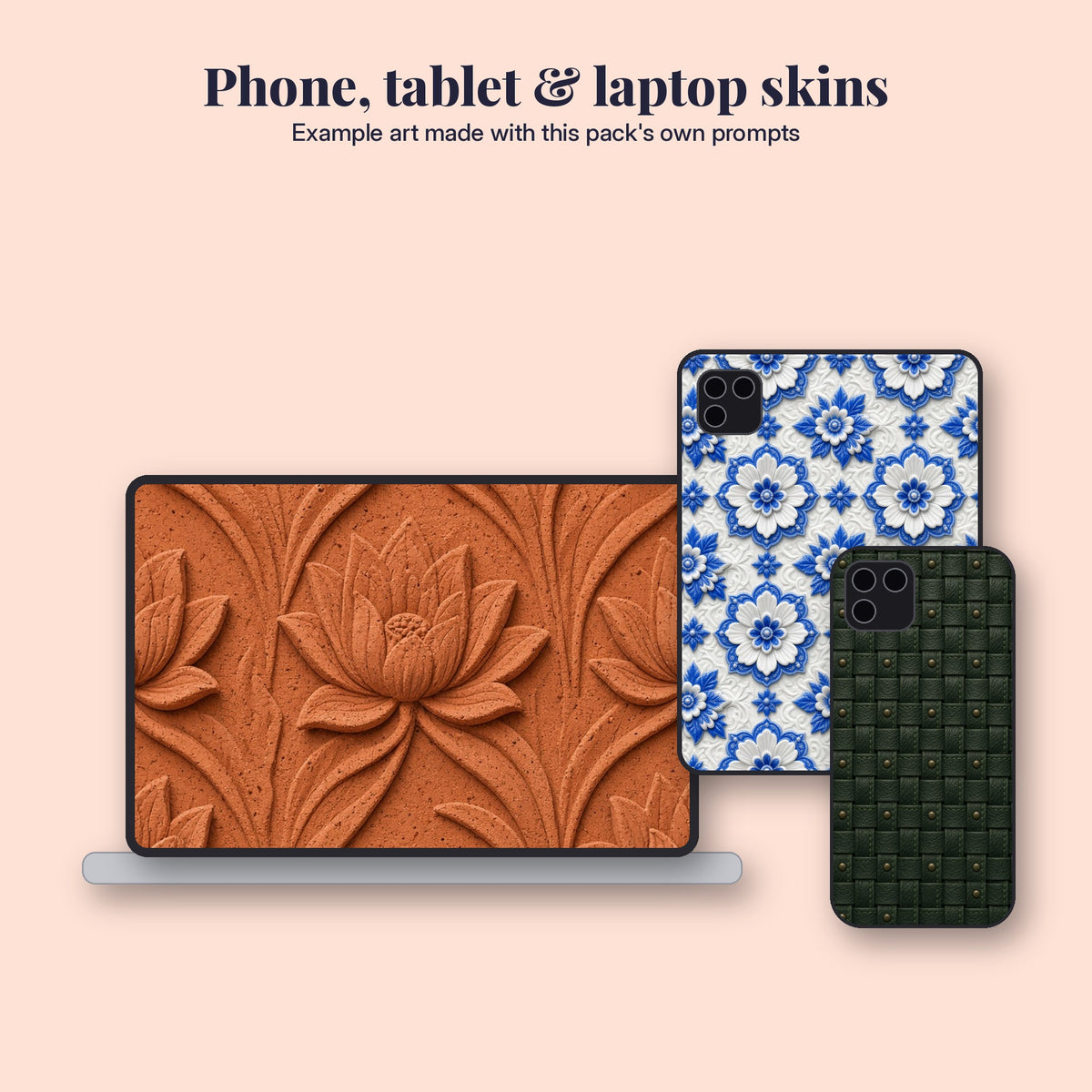 Flat mockup of a laptop skin, tablet case and phone case with example art made with the Complete Texture Library prompts #556, #477, #53