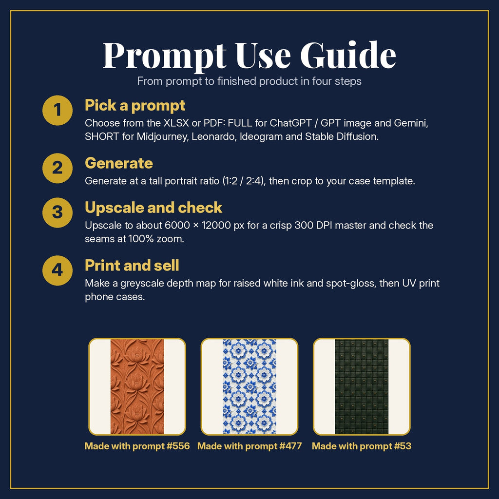 Prompt Use Guide for the Complete Texture Library: pick a prompt, generate, upscale and check, print and sell, with sample products made with the pack's prompts